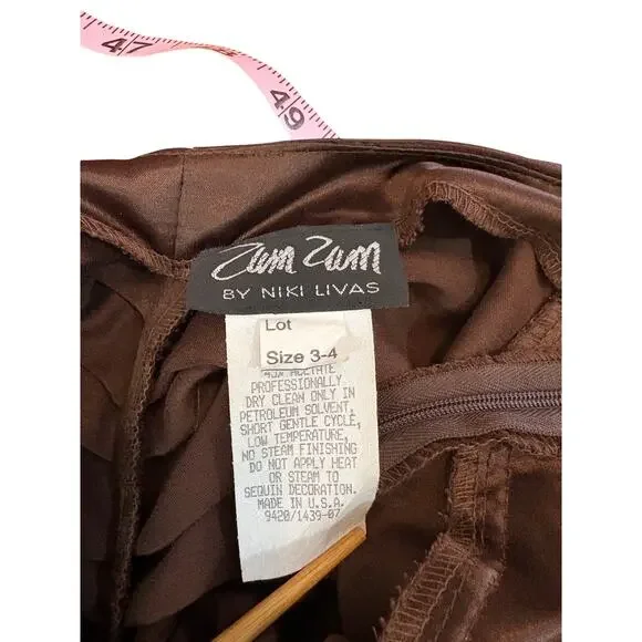 Vtg 90s Zum Zum brown satin dress sequin straps evening gown ruched low back 3/4 - Picture 5 of 8